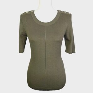 White House Black Market Steampunk‎ Olive Green Knit Top Button Detail Size M